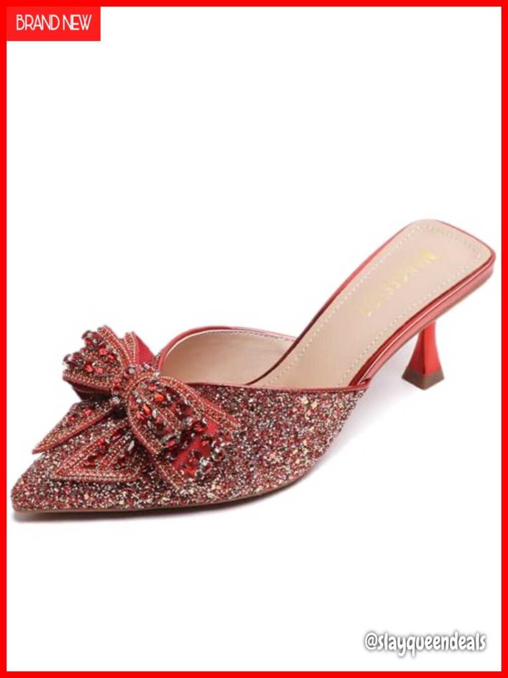 Rhinestone Bow Kitten Heel Mules Pointed Toe Slip On Wedding Dress Sandals